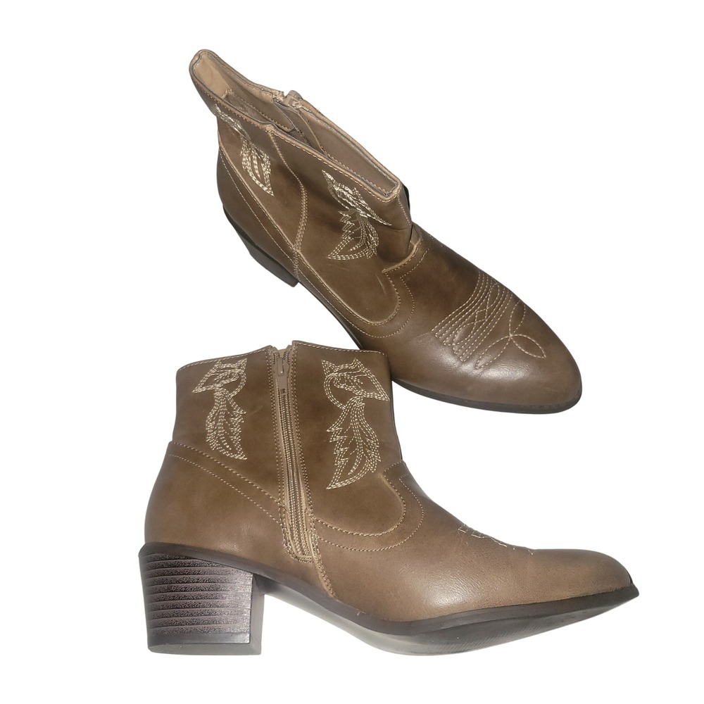 JUST FAB MYCAH Women Brown Faux Leather Western Ankle Boots Side Zip Embroidered